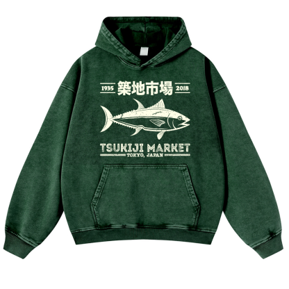 Tsukiji Market Tuna Fish Vintage Washed Thick Cotton Hoodie
