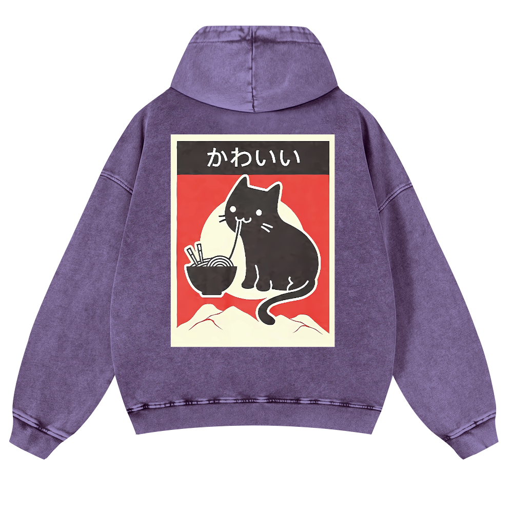 Ramen Cat Vintage Washed Cotton Back Art Hoodie