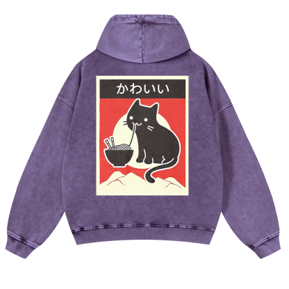 Ramen Cat Vintage Washed Cotton Back Art Hoodie