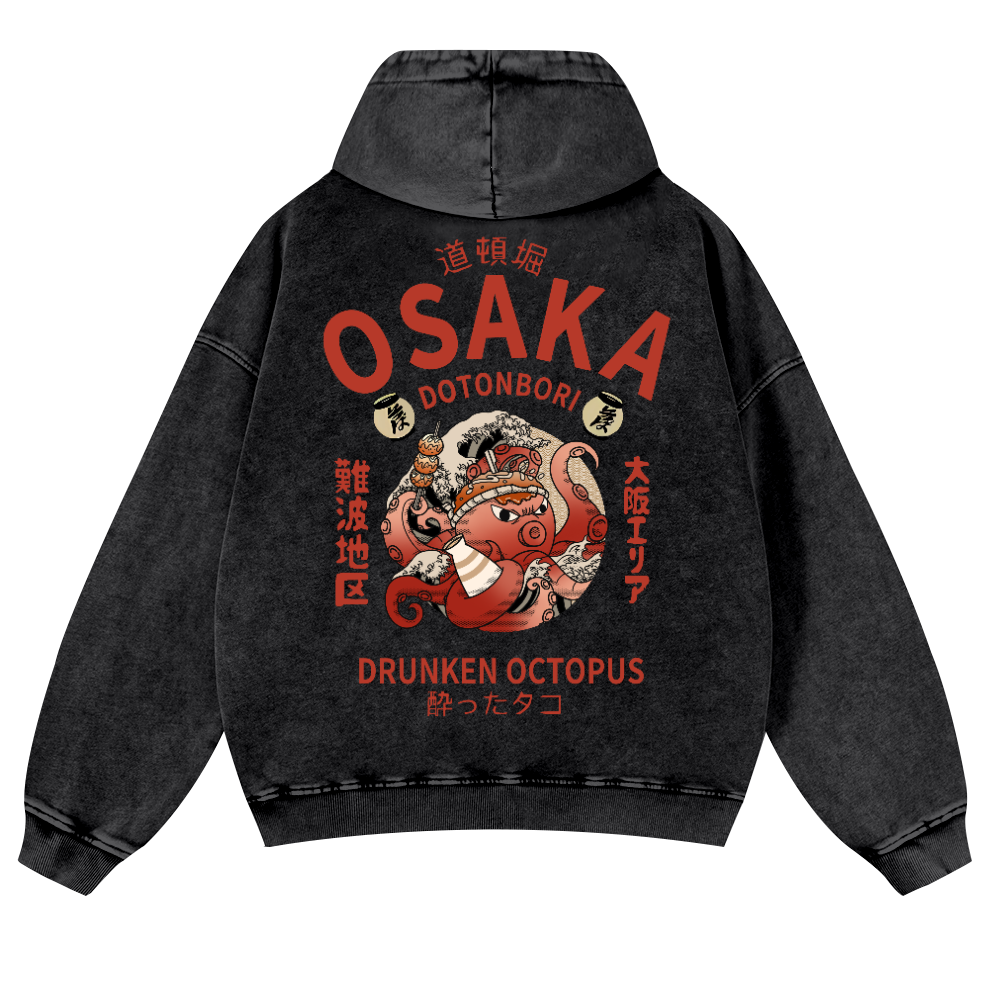 Osaka Dotonbori Drunken Octopus Vintage Washed Cotton Back Art Hoodie