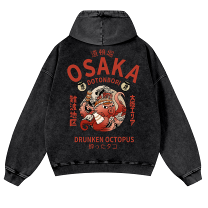 Osaka Dotonbori Drunken Octopus Vintage Washed Cotton Back Art Hoodie
