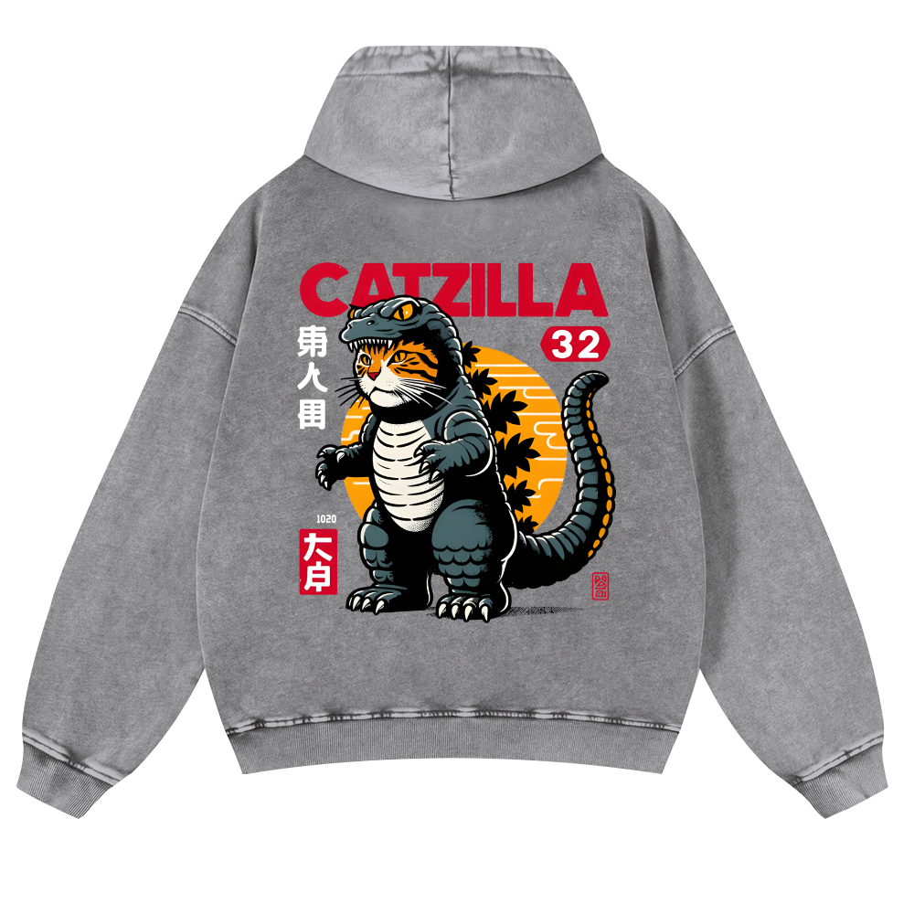 Cat Godzilla Catzilla Vintage Washed Cotton Back Art Hoodie