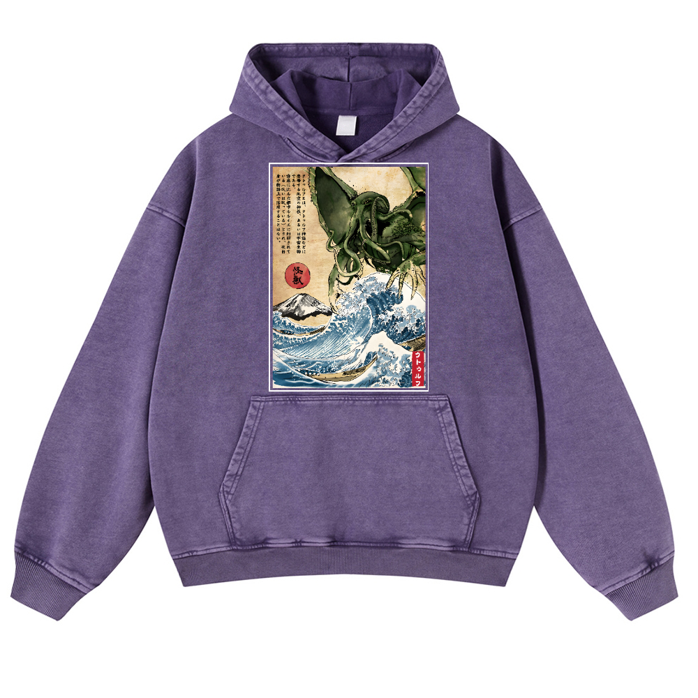 Octopus Ukiyoe Vintage Washed Thick Cotton Hoodie