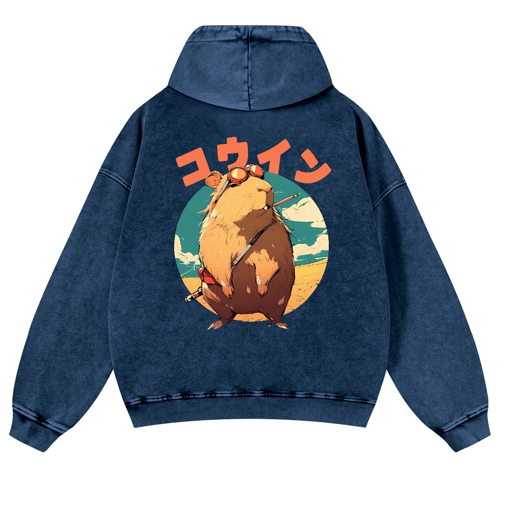 Capybara Vintage Washed Cotton Back Art Hoodie