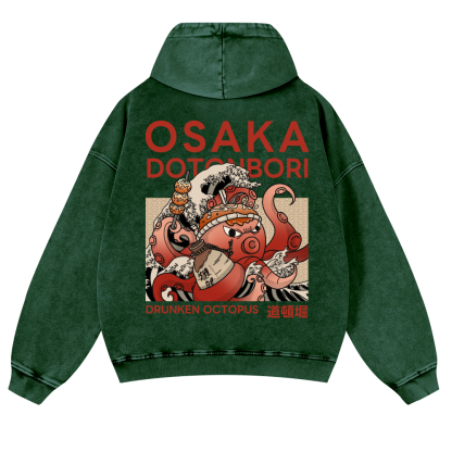 Osaka Dotonbori Drunken Octopus Vintage Washed Cotton Back Art Hoodie