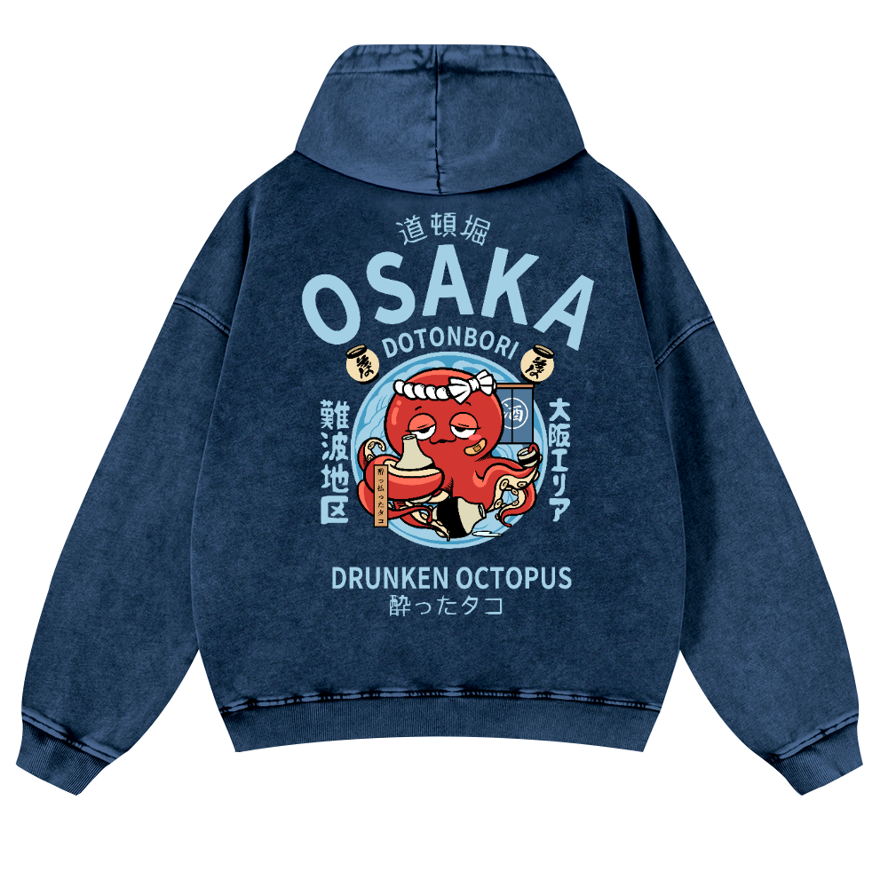 Osaka Dotonbori Drunken Octopus Vintage Washed Cotton Back Art Hoodie