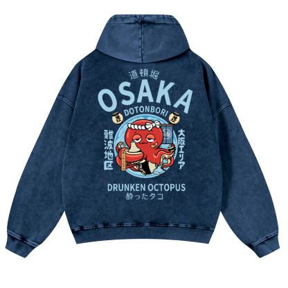 Osaka Dotonbori Drunken Octopus Vintage Washed Cotton Back Art Hoodie
