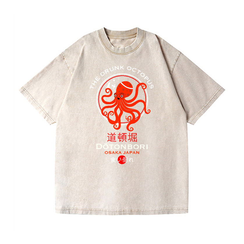 The Drunk Octopus Dotonbori Osaka Japan Vintage Wash Japanese Design T-Shirt