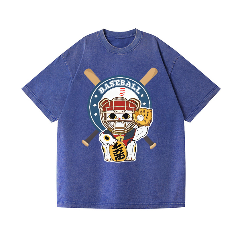 Baseball Maneki Neko Vintage Wash Japanese Design T-Shirt
