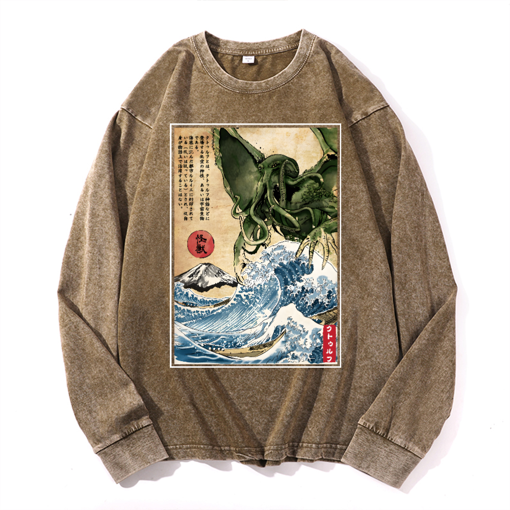 Octopus Ukiyoe Wave Vintage Cotton Wash Crewneck Sweatshirt