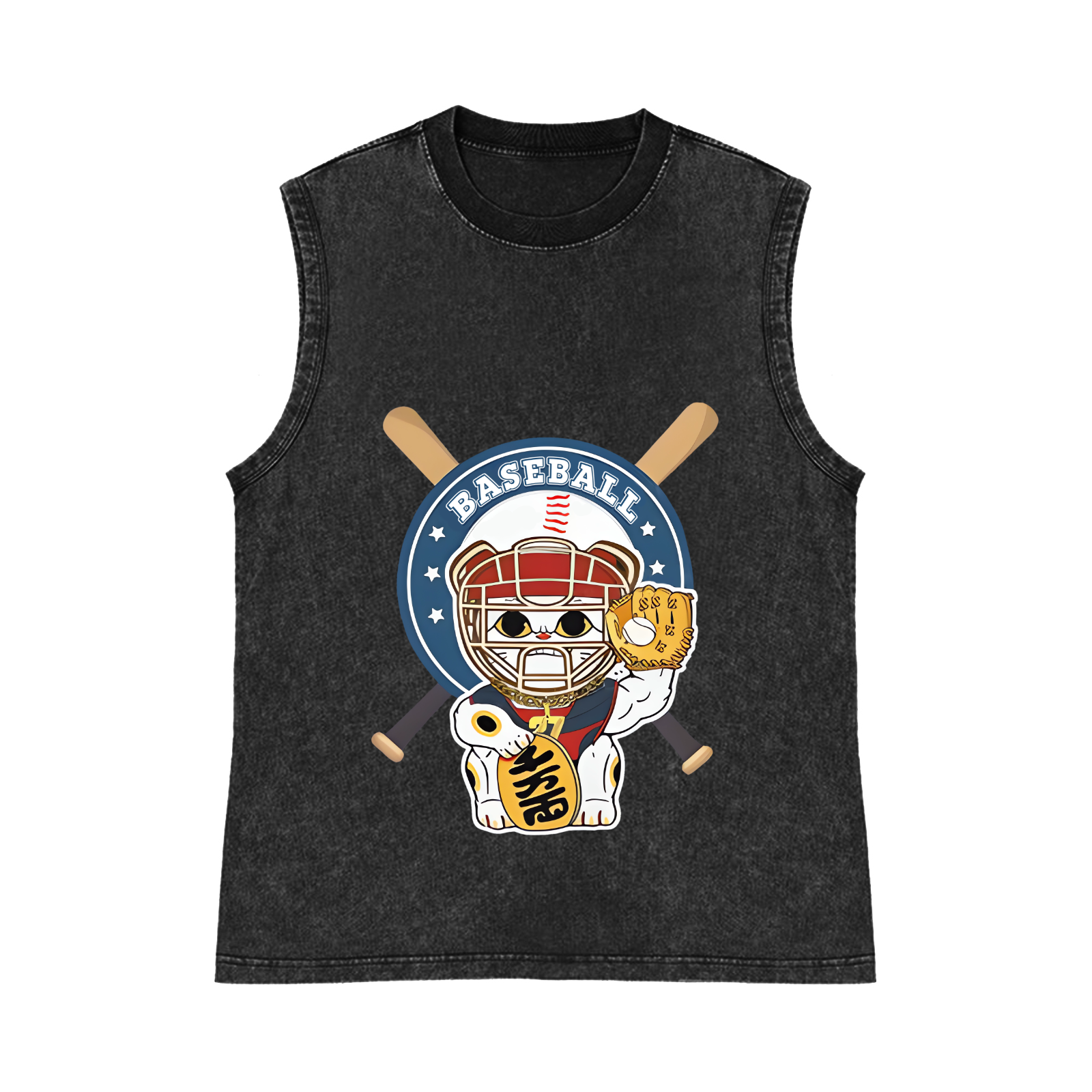 Baseball Maneki neko Pure Cotton Wash-Dyed Sleeveless Tank Top