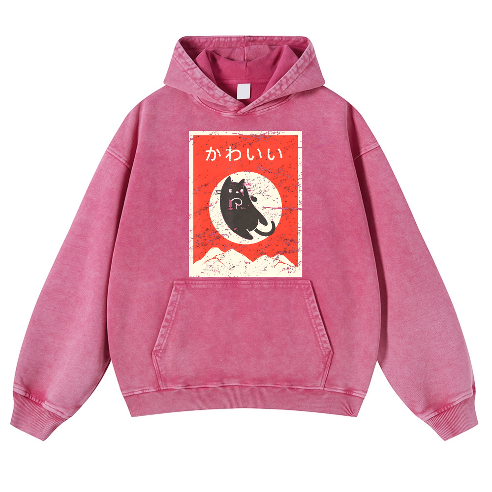 The Jumping Black Cat Vintage Washed Thick Cotton Hoodie
