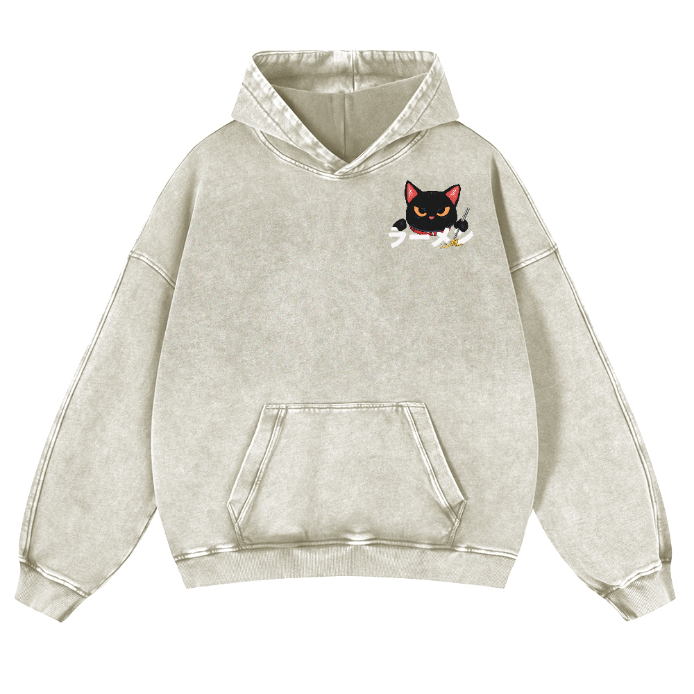 Ramen Black Cat Vintage Washed Cotton Back Art Hoodie