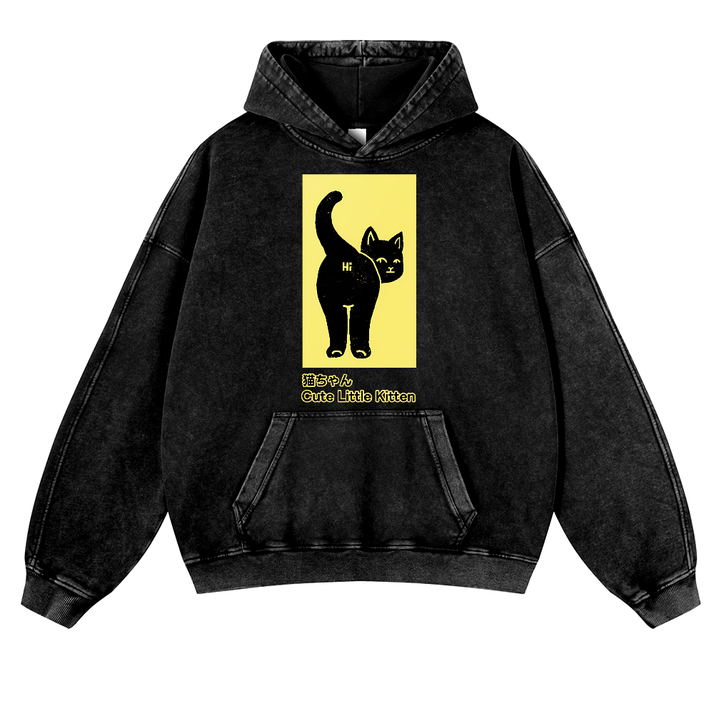 Cute Little Kitten Black Cat Vintage Washed Thick Cotton Hoodie