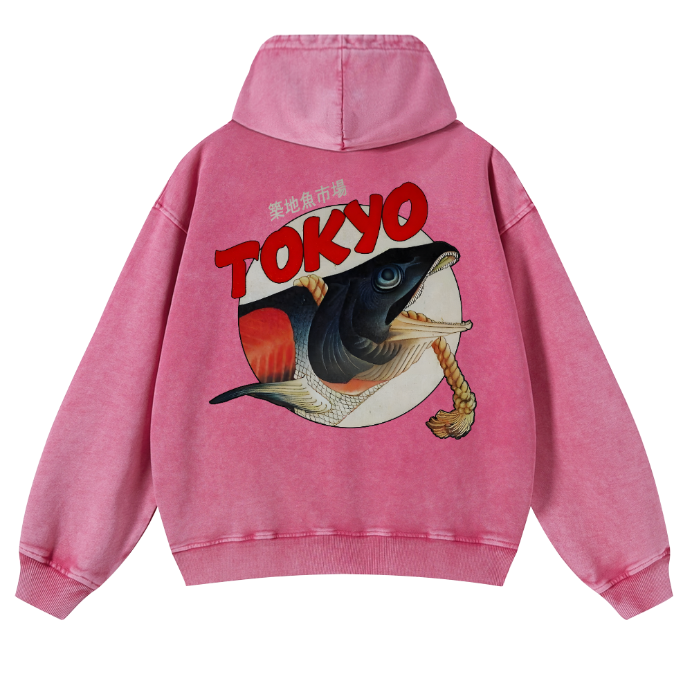 Tsukiji Fish Market Vintage Washed Cotton Back Art Hoodie