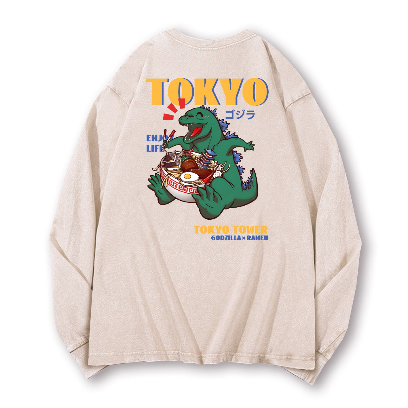 Ramen Godzilla Vintage Washed Cotton Back Art Long-sleeve T-shirt