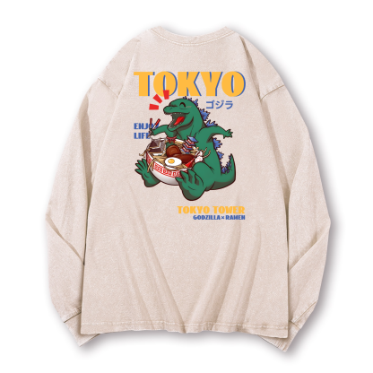 Ramen Godzilla Vintage Washed Cotton Back Art Long-sleeve T-shirt