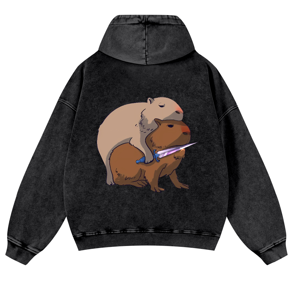 Capybaras and the Mysterious Sword Vintage Washed Cotton Back Art Hoodie
