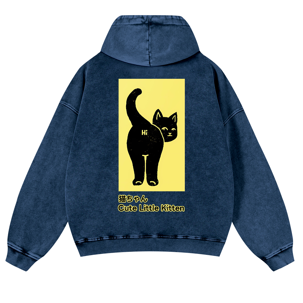 Cute Little Kitten Black Cat Vintage Washed Cotton Back Art Hoodie