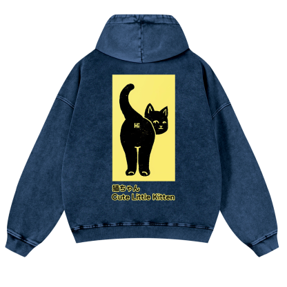 Cute Little Kitten Black Cat Vintage Washed Cotton Back Art Hoodie