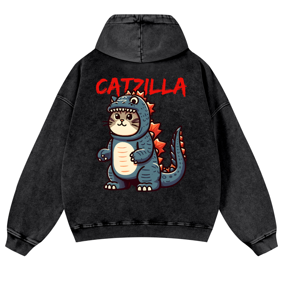 Cat Godzilla Catzilla Vintage Washed Cotton Back Art Hoodie