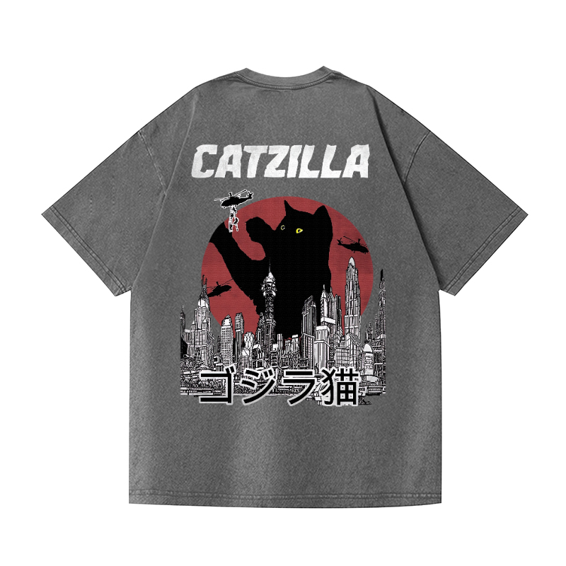 Cat Godzilla Catzilla Vintage Wash Japanese Design Back Art T-Shirt