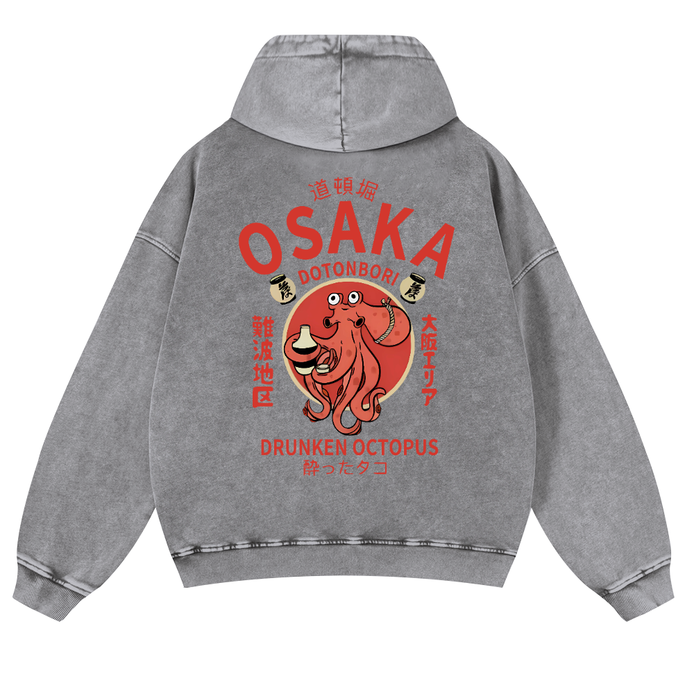 Osaka Dotonbori Drunken Octopus Vintage Washed Cotton Back Art Hoodie