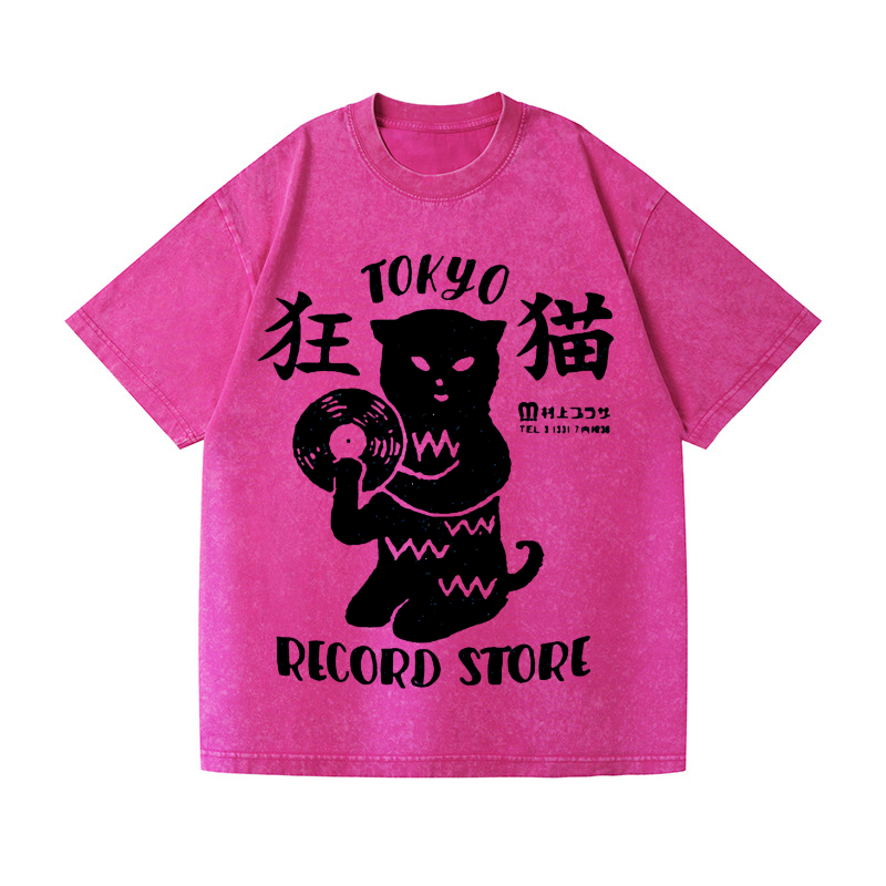 Tokyo Cat Record Store Vintage Wash Japanese Design T-Shirt