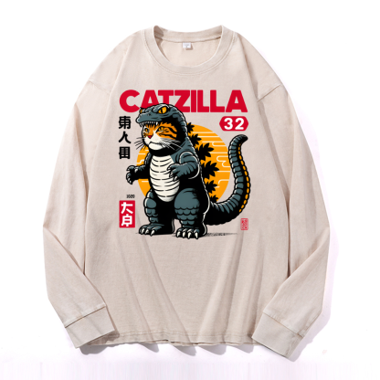 Catzilla Cat Godzilla Vintage Cotton Wash Crewneck Sweatshirt