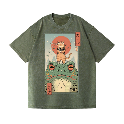Ninja Cat and Frog Vintage Wash Japanese Design T-Shirt