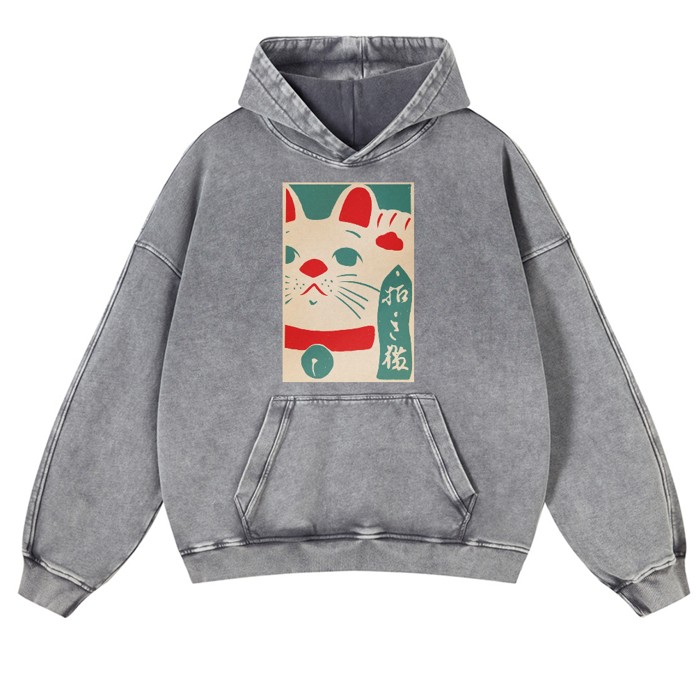 Lucky Cat Vintage Washed Thick Cotton Hoodie