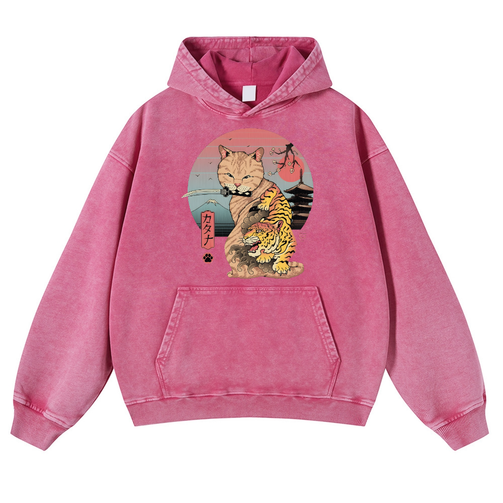 Japanese themed Cat Tiger Illustration Vintage Washed Thick Cotton Hoodie