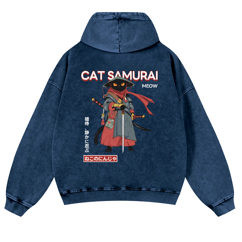 Cat Samurai Vintage Washed Cotton Back Art Hoodie