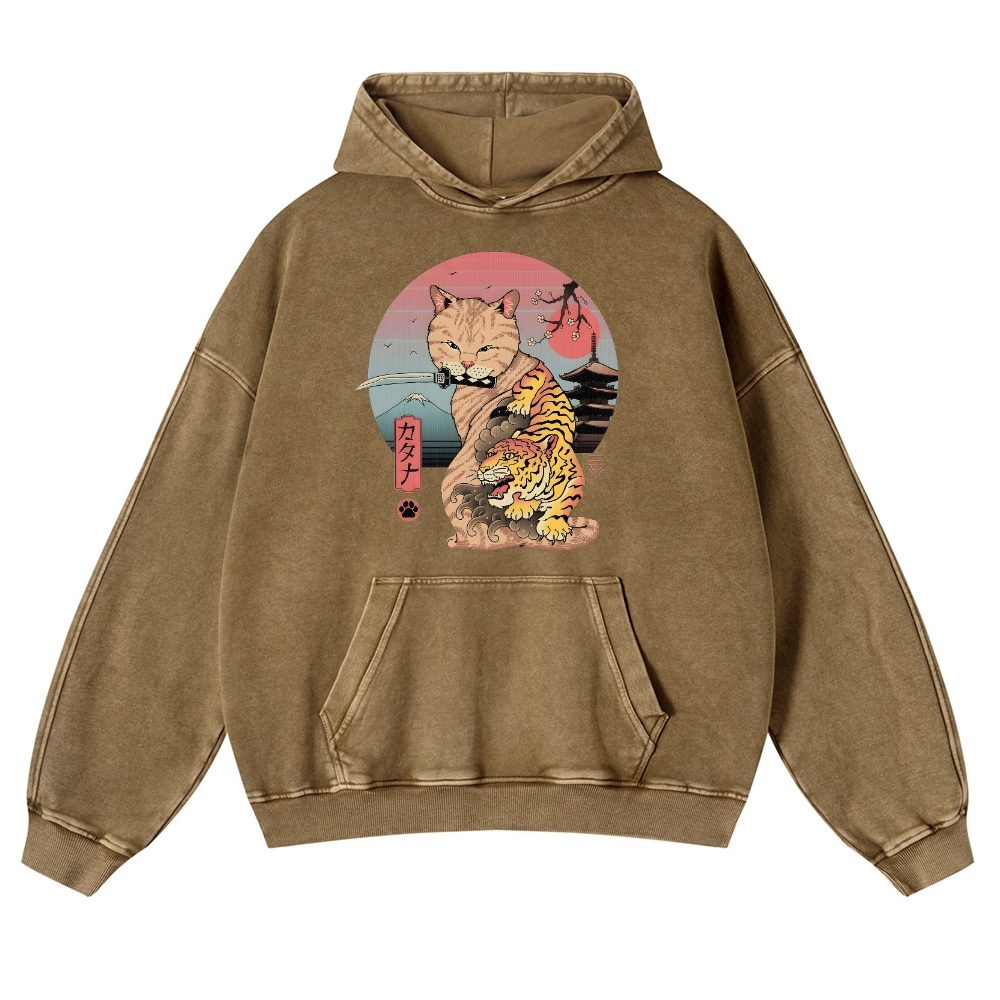 Japanese themed Cat Tiger Illustration Vintage Washed Thick Cotton Hoodie