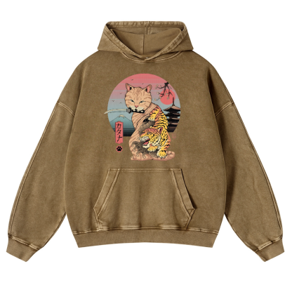 Japanese themed Cat Tiger Illustration Vintage Washed Thick Cotton Hoodie