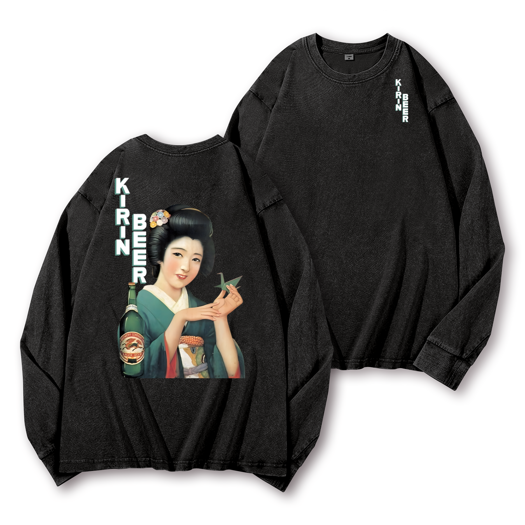 Kirin Beer Vintage Washed Cotton Back Art Long-sleeve T-shirt
