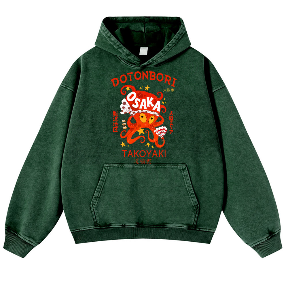 Osaka Dotonbori Takoyaki Octopus Vintage Washed Thick Cotton Hoodie
