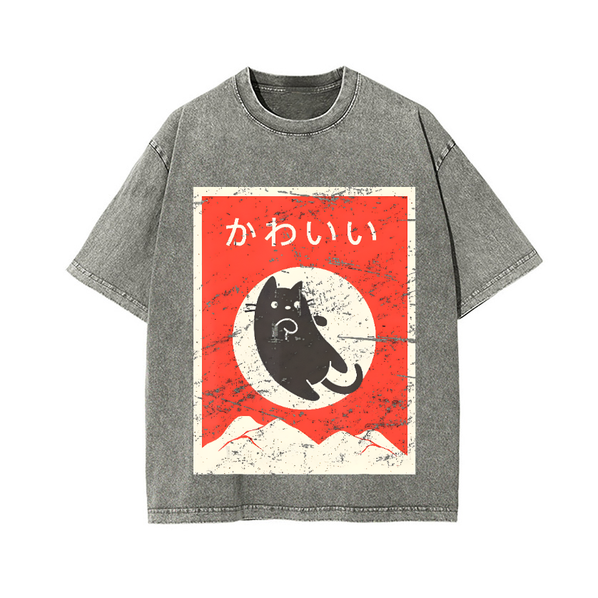 The Jumping Black Cat Vintage Wash Japanese Design T-Shirt