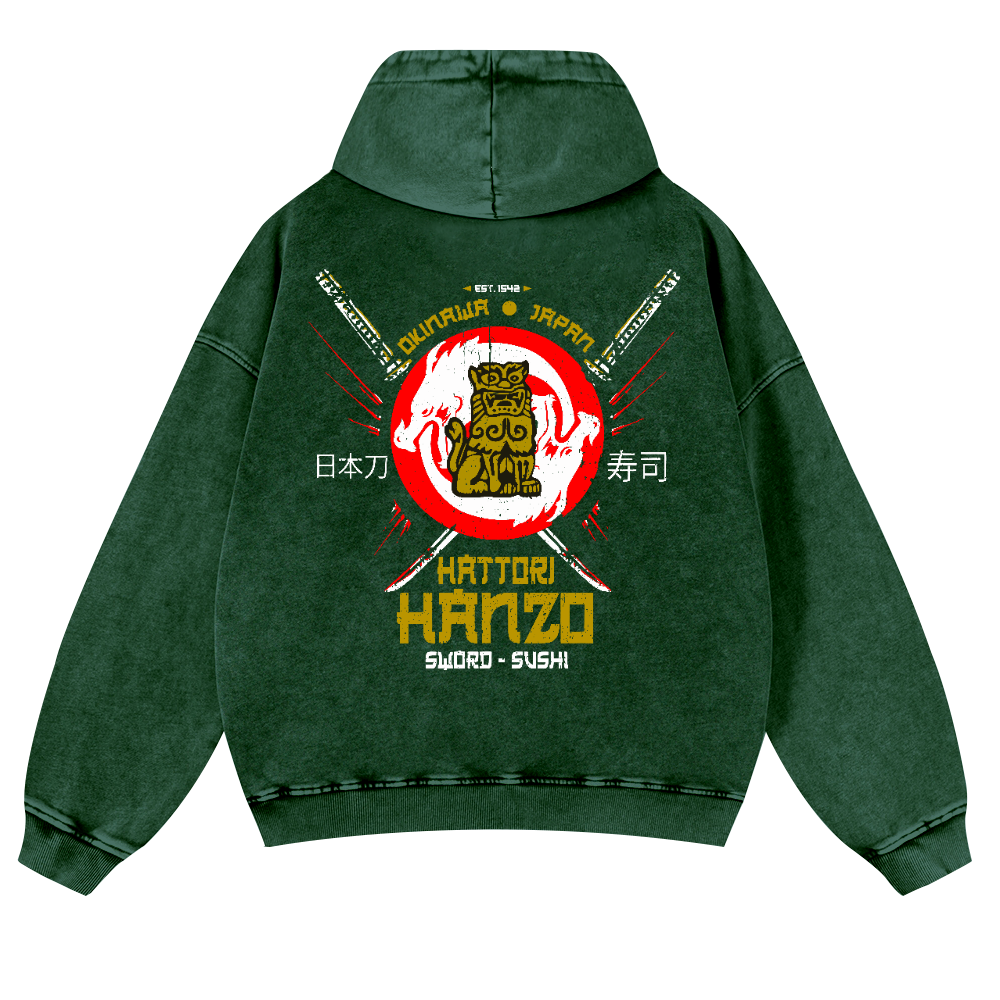 Okinawa Japan Hattori Hanzo Sushi Vintage Washed Cotton Back Art Hoodie