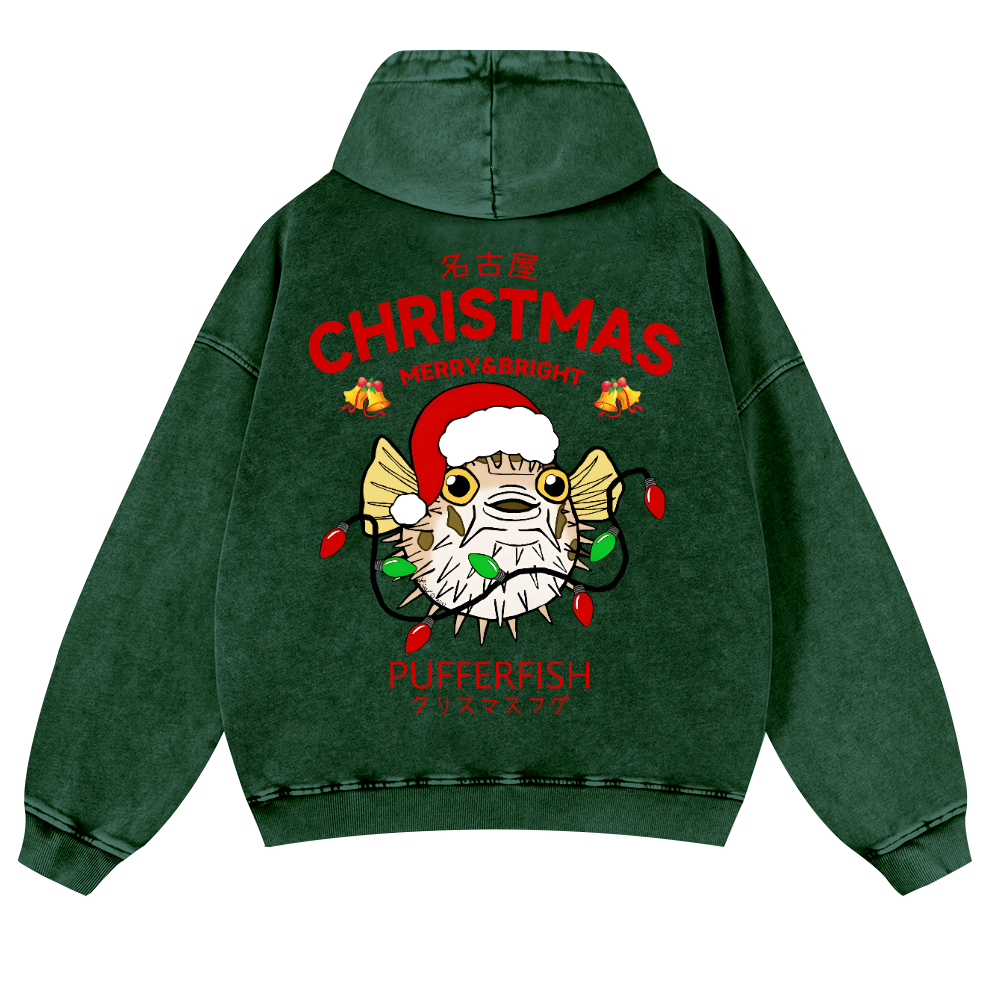 Christmas Puffer Fish Vintage Washed Cotton Back Art Hoodie