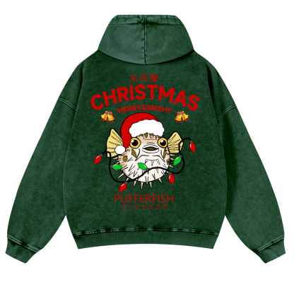 Christmas Puffer Fish Vintage Washed Cotton Back Art Hoodie
