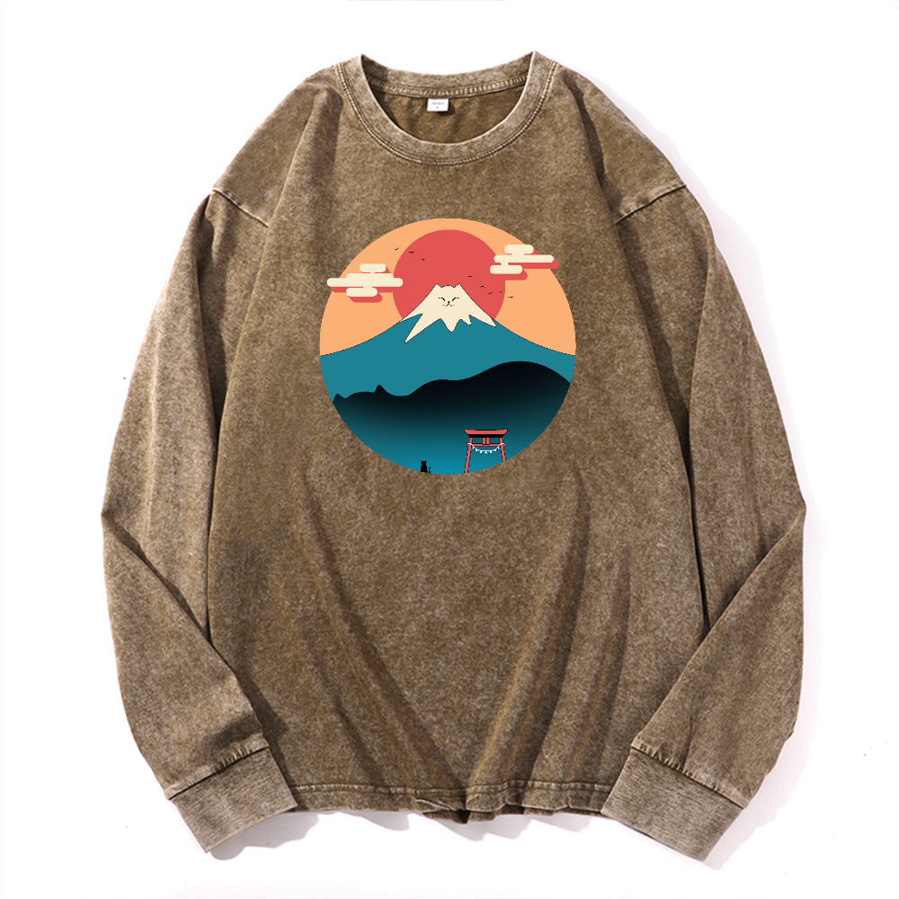 Cat Fuji Vintage Cotton Wash Crewneck Sweatshirt