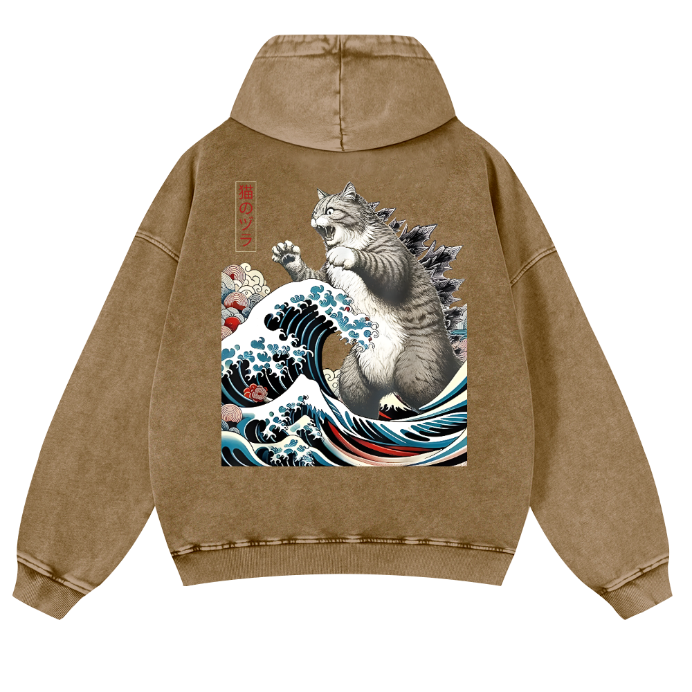 Cat Godzilla Ukiyoe Great Wave Vintage Washed Cotton Back Art Hoodie