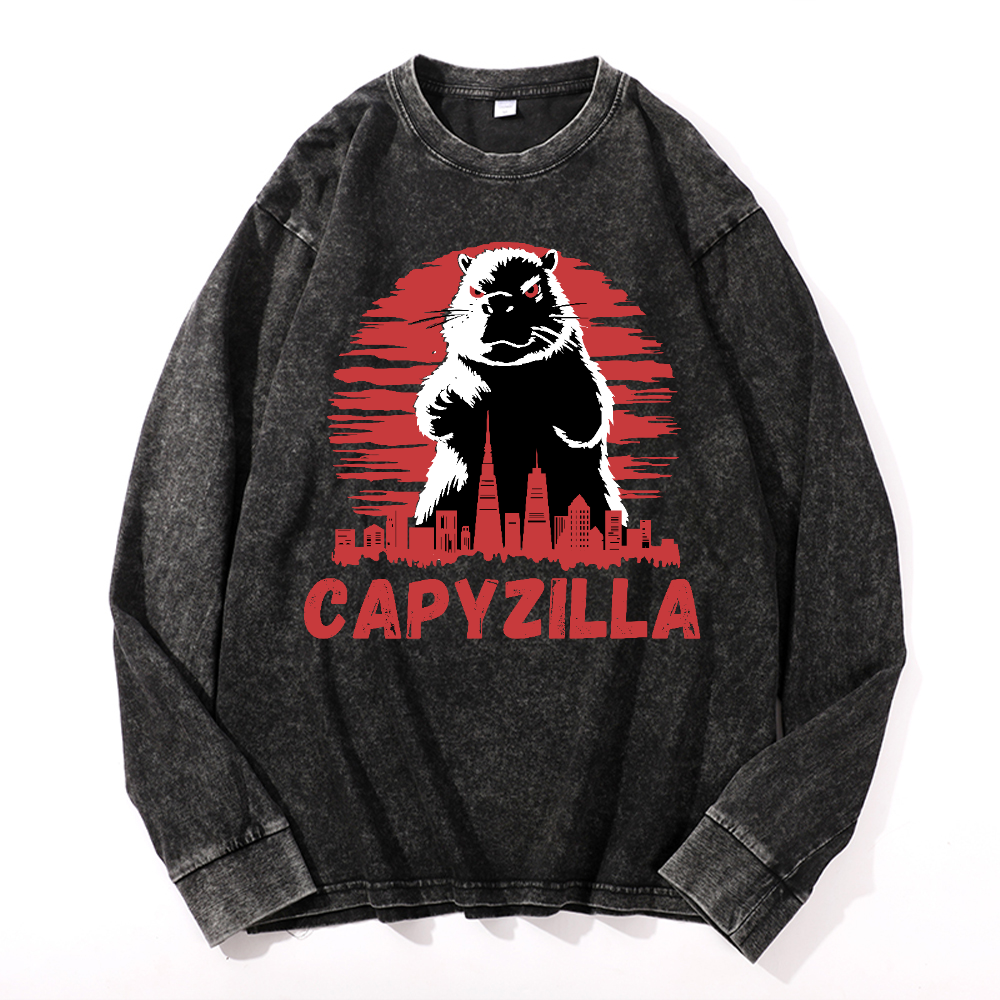 Capybara Godzilla Capyzilla Vintage Cotton Wash Crewneck Sweatshirt