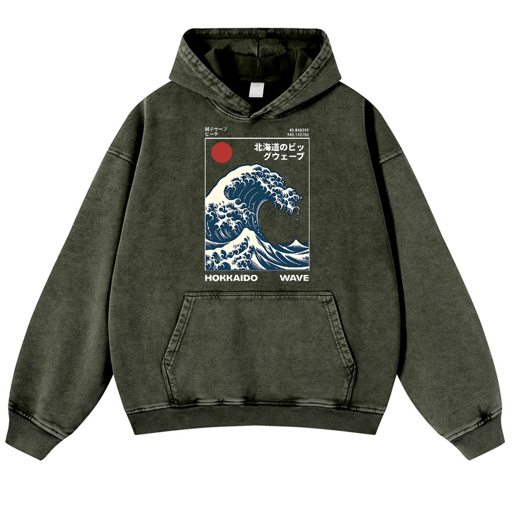 Hokkaido Wave Vintage Washed Thick Cotton Hoodie