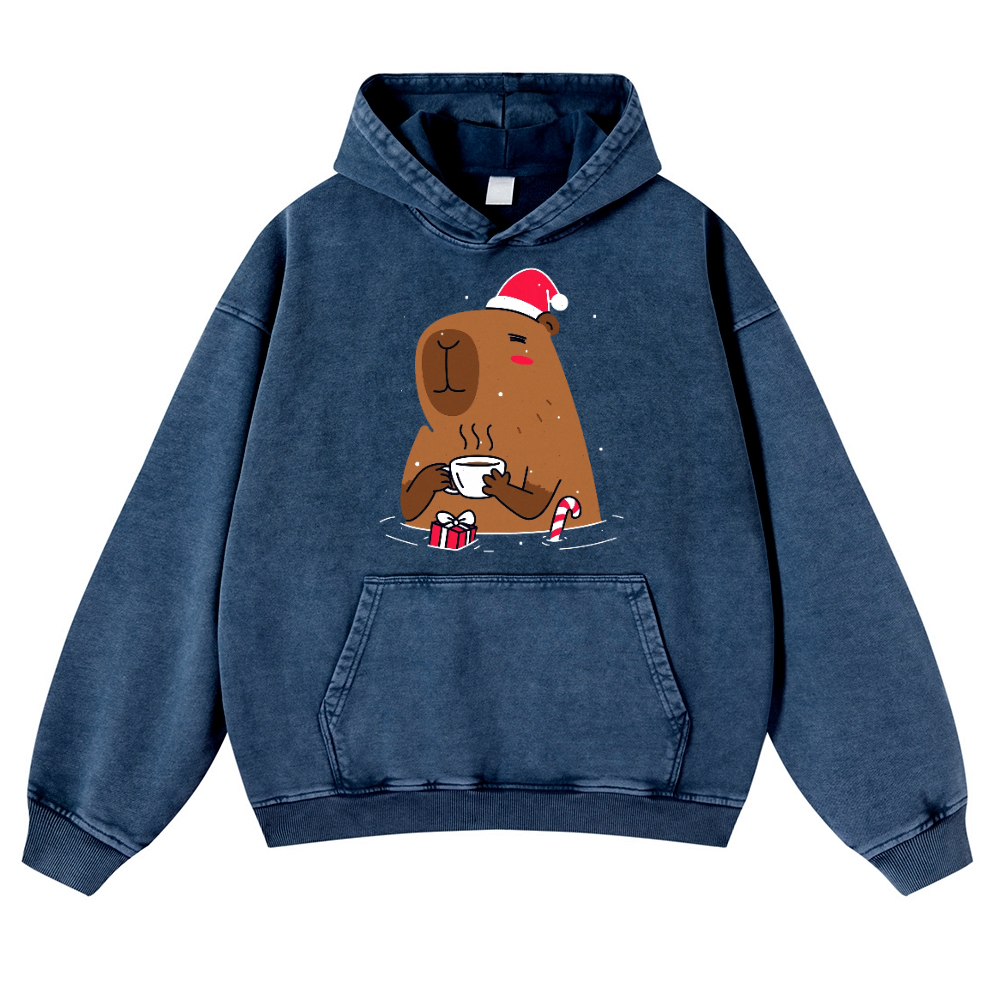 Capybara's Christmas Time Vintage Washed Thick Cotton Hoodie