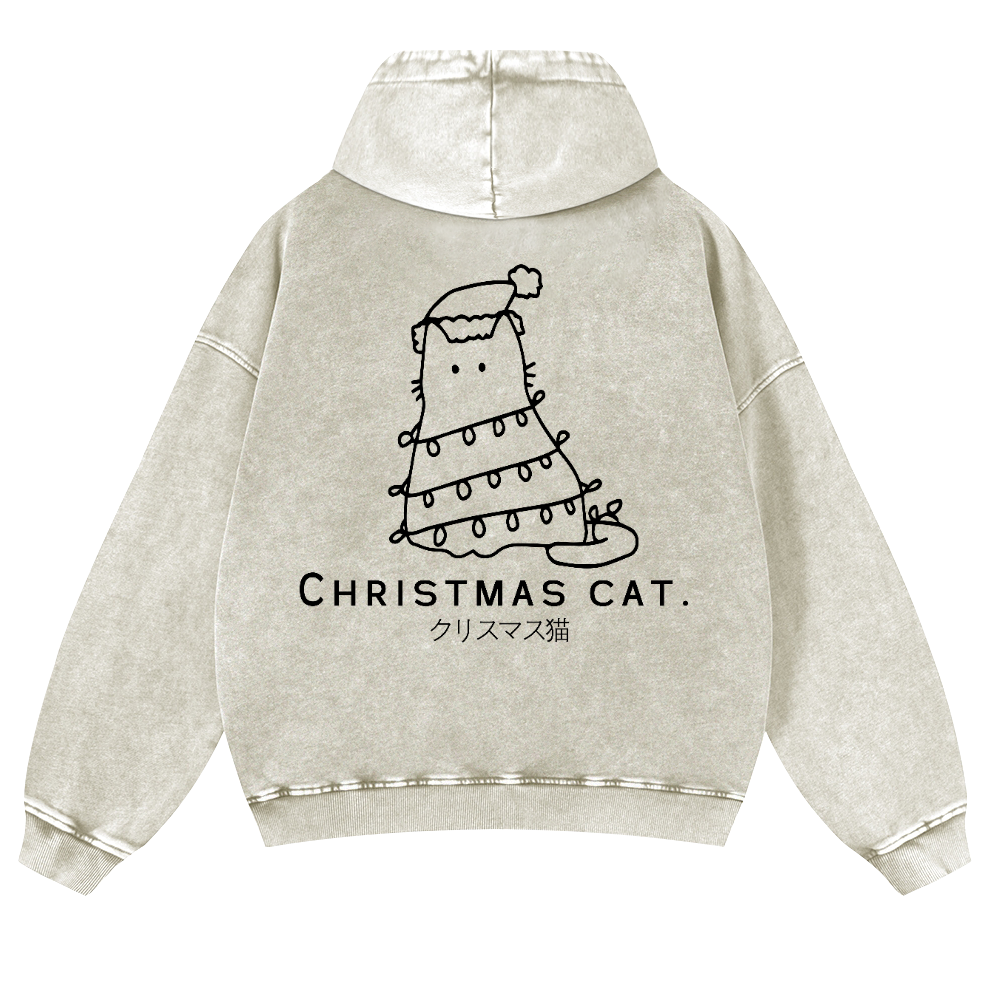 Christmas Cat Vintage Washed Cotton Back Art Hoodie