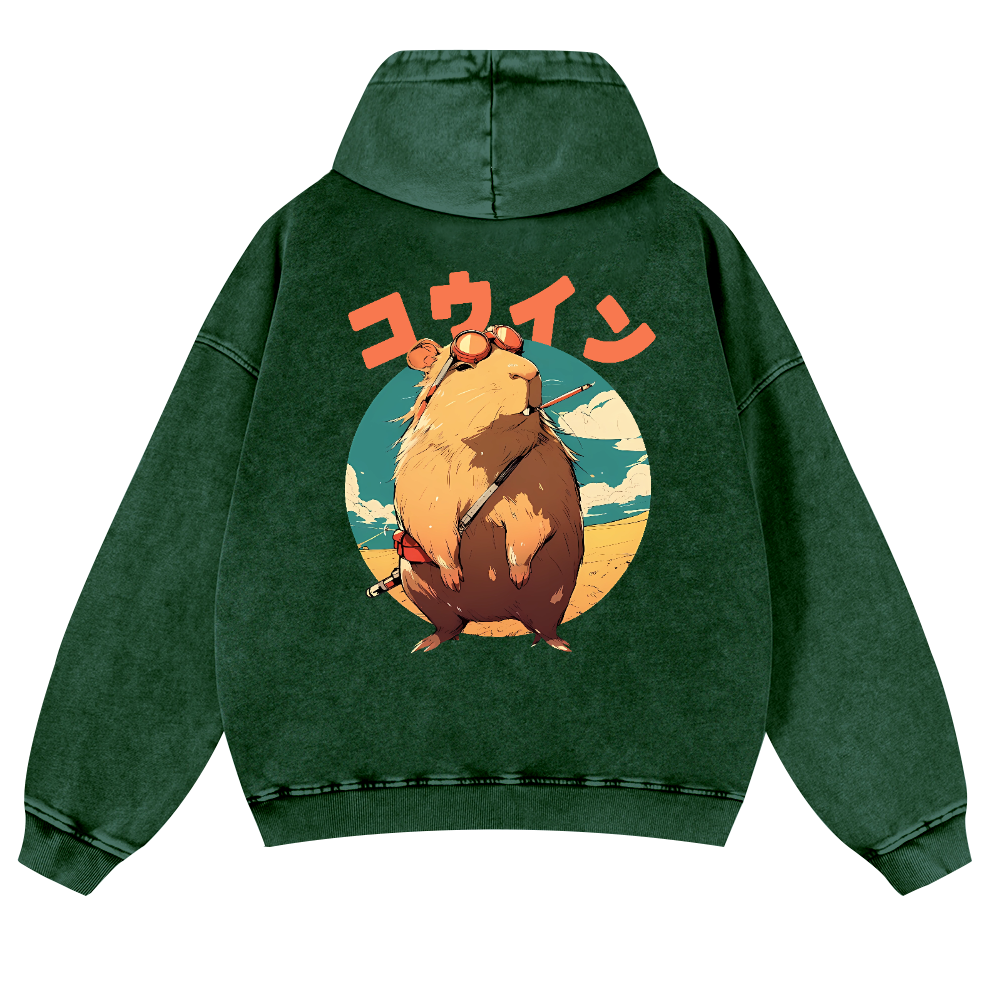 Capybara Vintage Washed Cotton Back Art Hoodie