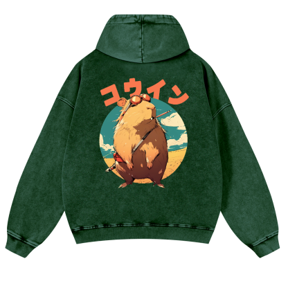 Capybara Vintage Washed Cotton Back Art Hoodie