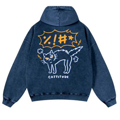 Cat Cattitude Vintage Washed Cotton Back Art Hoodie